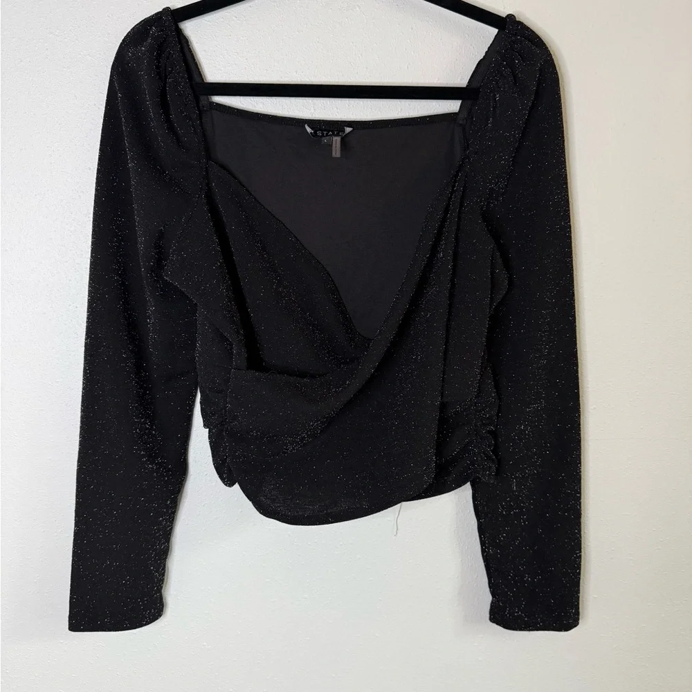 1 State Black Sparkle Square Neck Puff Sleeve Party Top L